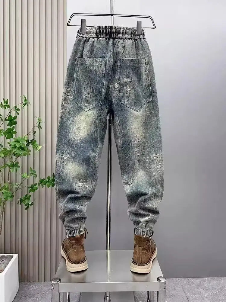 2025 Spring and Autumn Trendy Men's Versatile Cool and Trendy Washed Blue Casual Fashion Drawstring Loose Fit Jeans