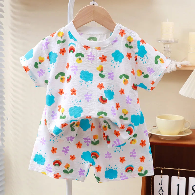 2024 New Summer Kids Clothes for Girls Short Sleeve T-shirt Tops+shorts Cartoon Children's Clothing Baby Boys Set