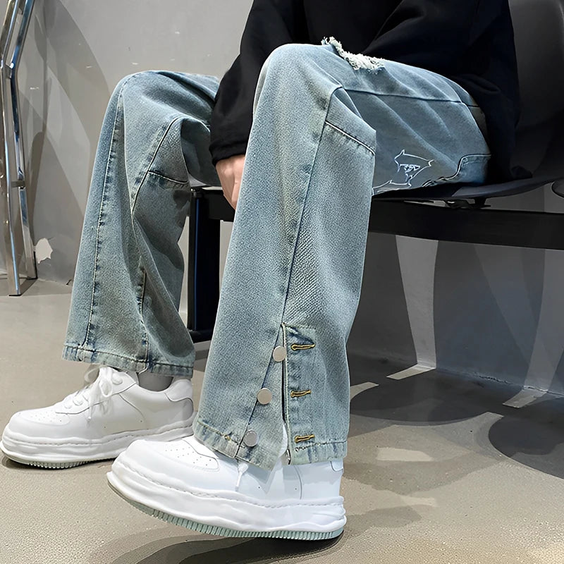 Men's Letter Embroidered Hip Hop Loose Jeans Casual New Broken Holes Streetwear Straight Denim Trousers Male Y2K Baggy Jeans