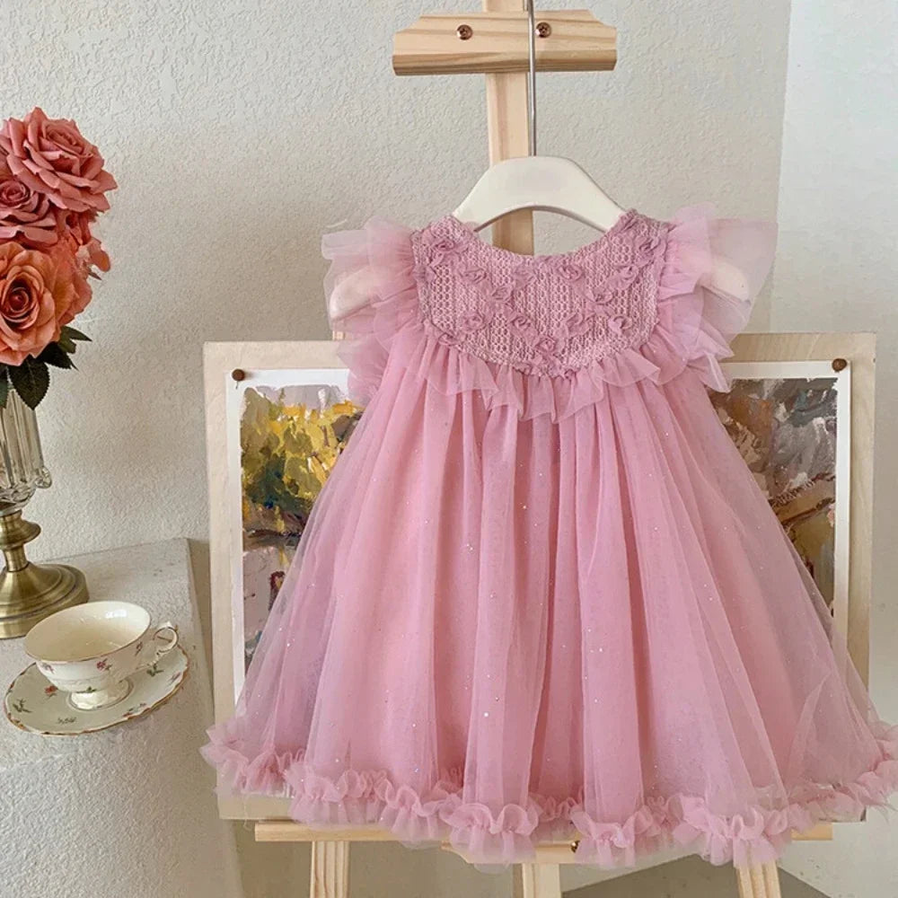 Pink Dreamy Sweet Girl Fairy Princess Dress Sleeveless Bow Decoration Mesh Lace Children's Casual Clothes Birthday Party Summer