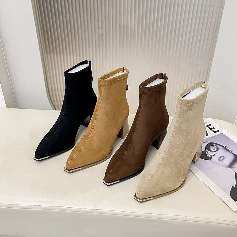 Fashion Pointed Toe Suede Single Boots 2025 New Temperament Block Heel Fashion Boots Booties Women