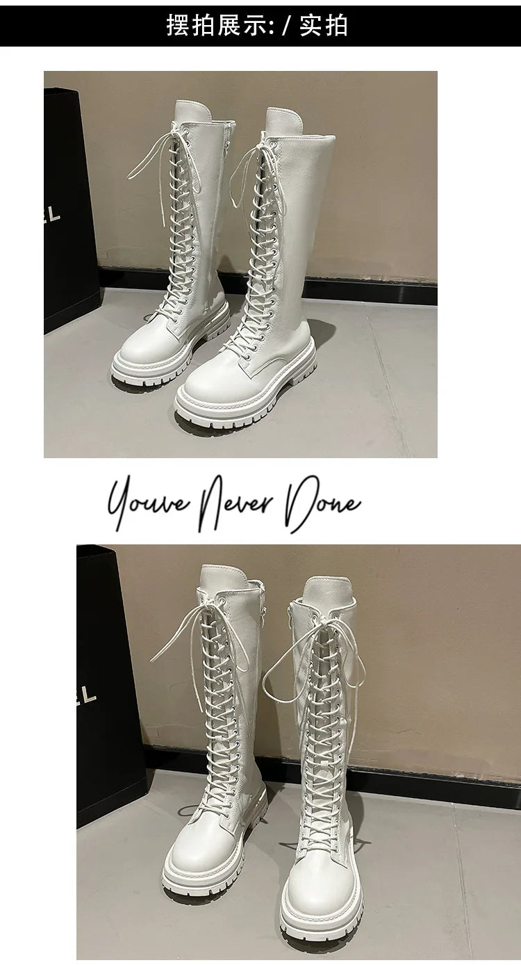 Long boots for women  spring 2025 new white thick soled long boots with thick legs and high waisted straps