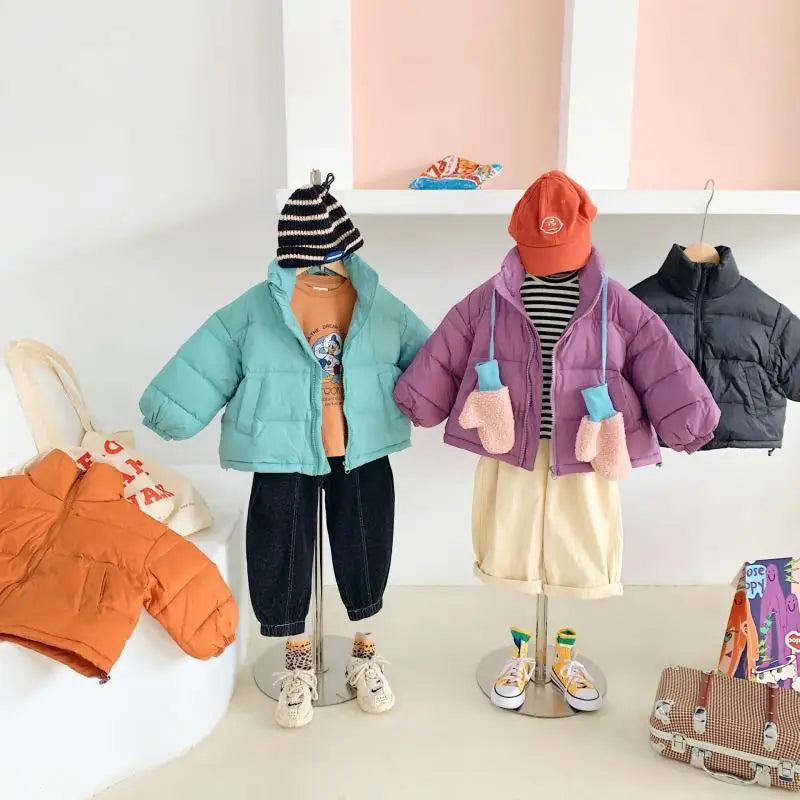 Children Boys Short Thick Parkas Standing Collar Silk Floss Bread Jacket for Boy Girl Letter Warm Solid Toddler Boys Winter Coat