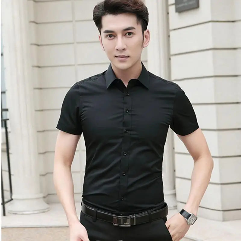 Professional Mens Short Sleeve Shirt White Business Casual Slim Fit Japanese Retro Style Polyester Fiber Printed Shirt for Youth