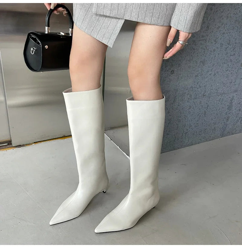 2025 new Autumn Winter Long boots Cosy Pointed Toe Woman Knee-High Boots Slip-On Low Thin Heels Cowboy Ladies Shoes Botas Mujer