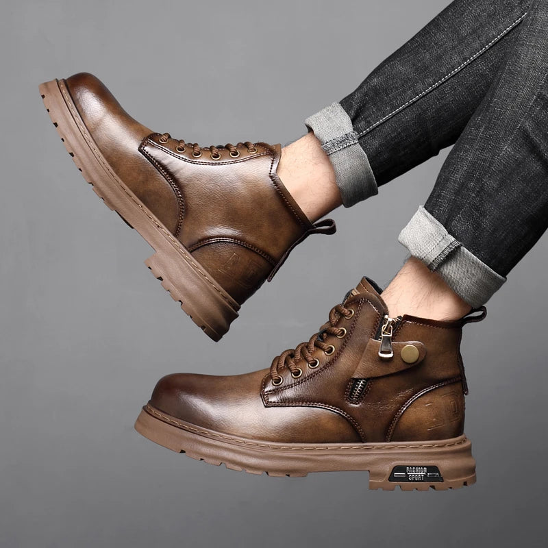 2025 New British Style Ankle Boots Men Outdoor Shoes Cargo Wear Casual High Quality Leather Boots Men's Non-slip Motorized Boots