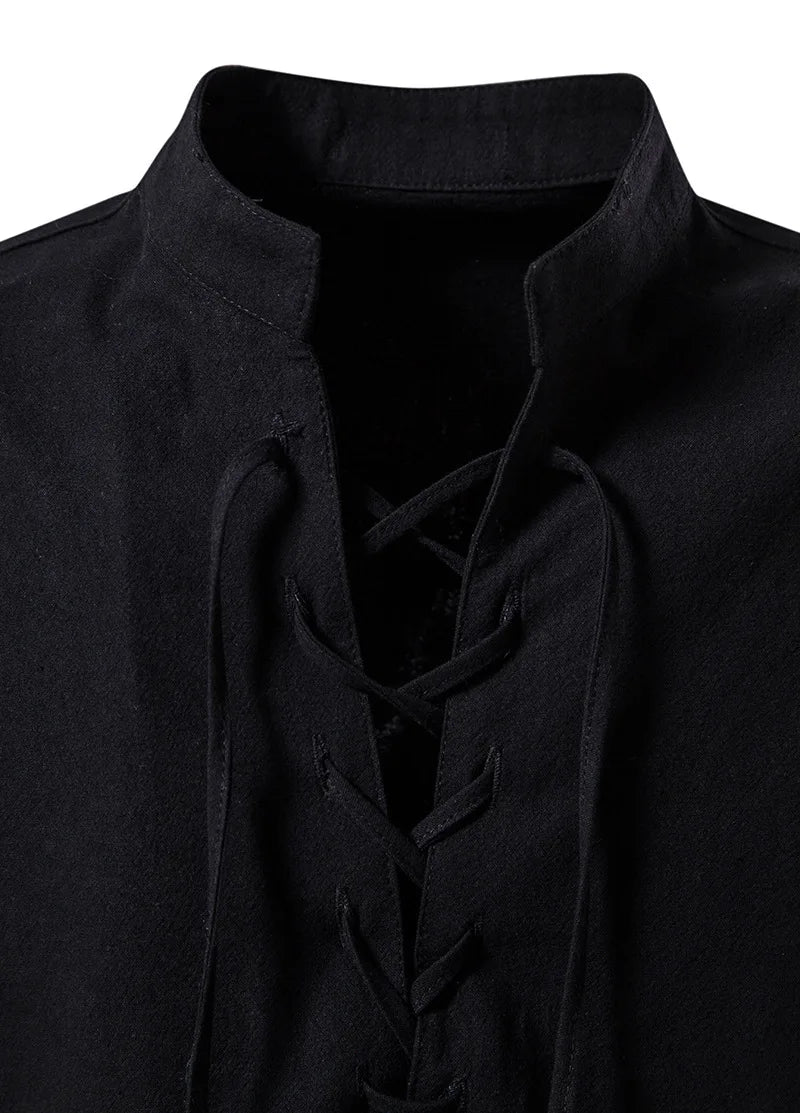 Men Cotton Linen Lace Up Long Sleeve Solid Blouse Shirts Summer Male Solid Loose Pullover Blouse Tops ARJ-A1776