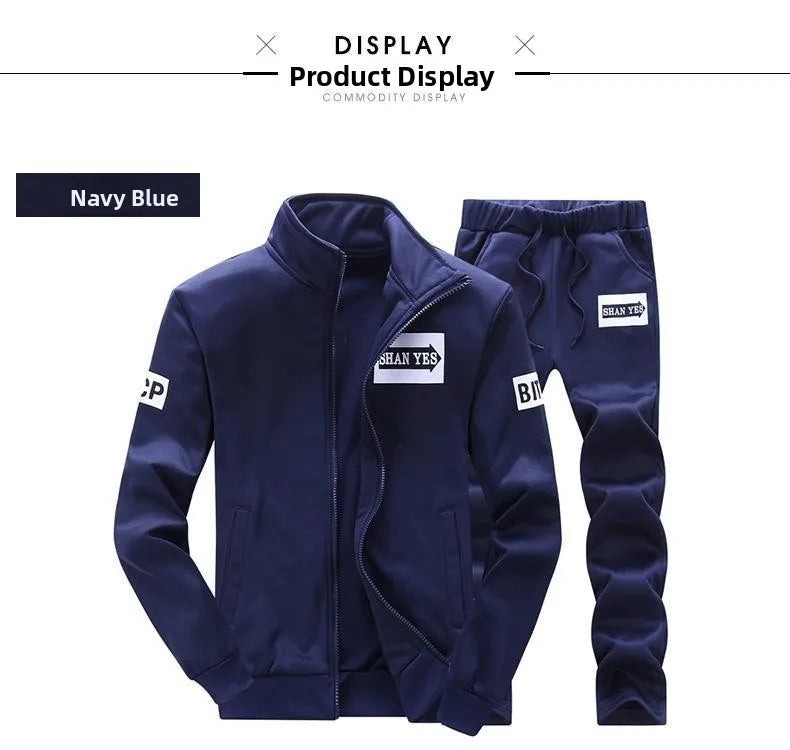 Trendy Hoodie Men's Stand Collar Jacket Casual Sportswear Long Pants Spring Autumn Youth plus Size Clothing Set