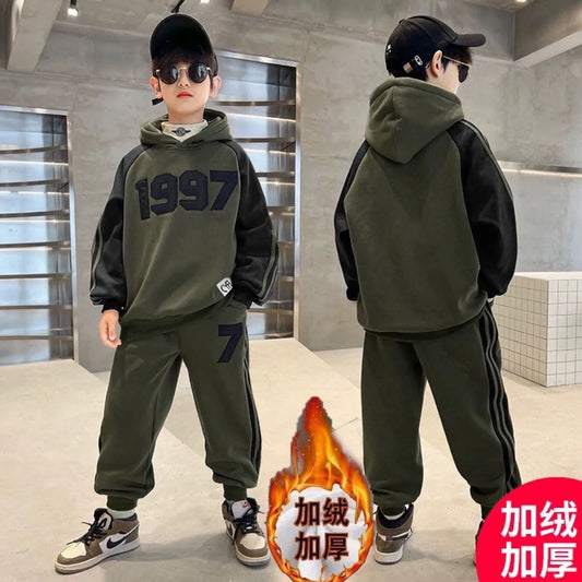 2025 winter autumn Boys Clothes Set cotton Velvet Sweatshirt hooded + Pants Tracksuits Kids Suit Children 4 8 9 10 11 12 14 Year