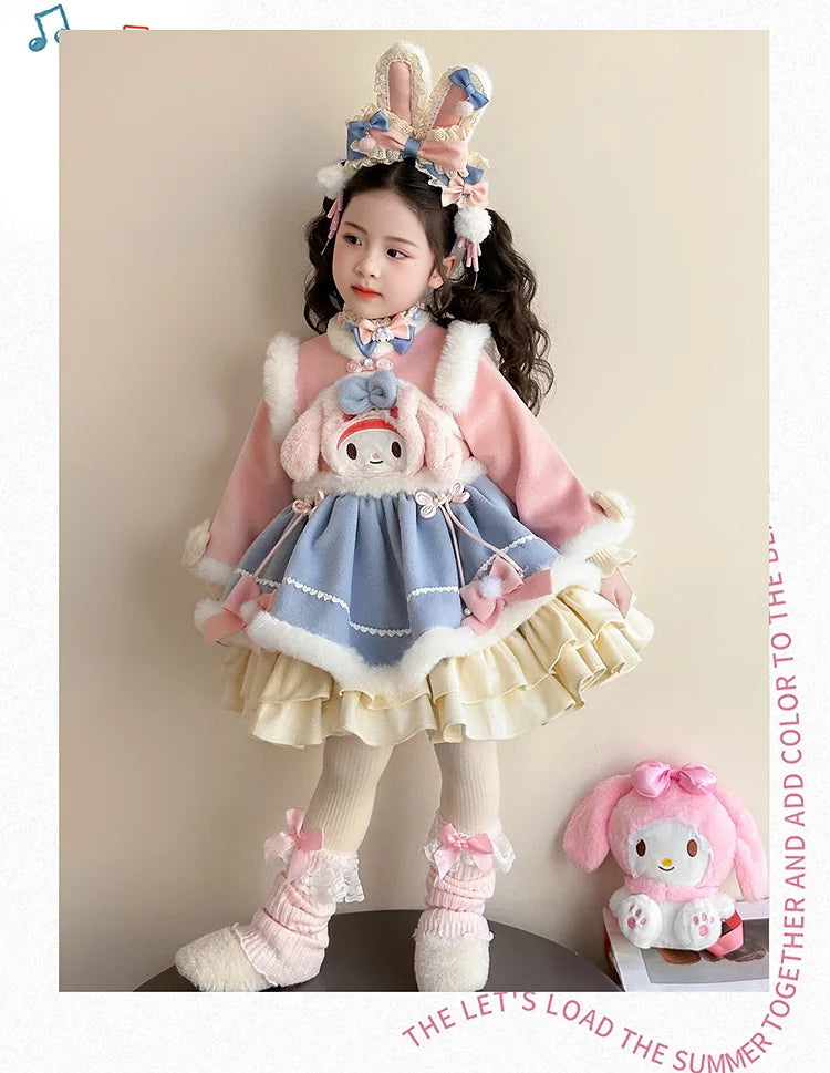 Anime My Melody Lolita Princess Dress Girl Bow Decoration Party Dress Ruffled Tutu Skirt Fleece-Lined Layered Dress Ball Gown
