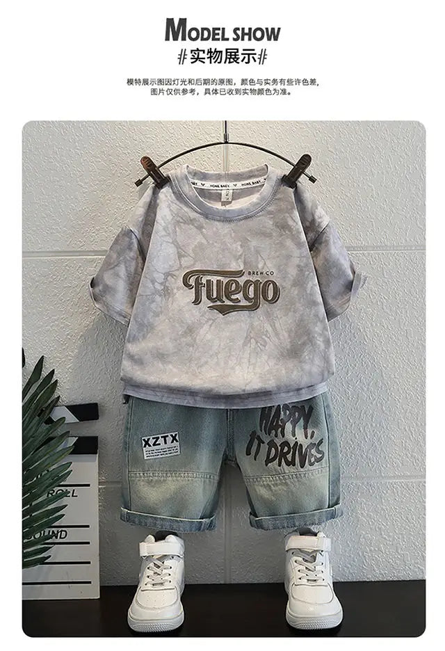 Korean Baby Boys Summer Sets Children's Clothing Short-Sleeved Letter T-Shirt & Denim Shorts Kids Boys Outfits Clothes 2-11Y