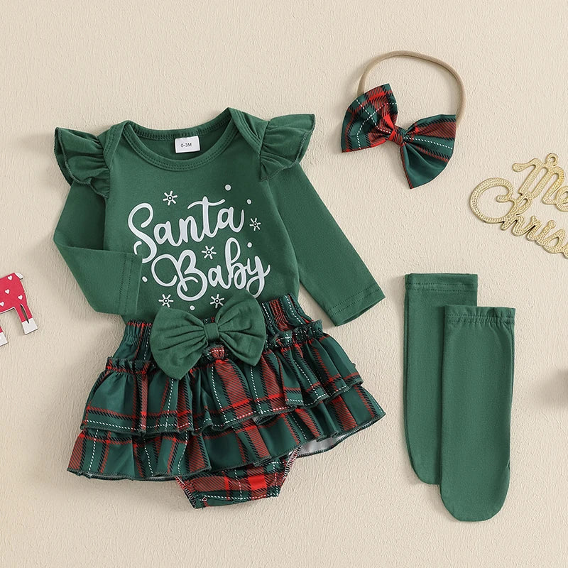 2024-08-20 Lioraitiin Christmas Infant Baby Girl Outfit Letter Ruffle Long Sleeve Romper Plaid Layered Ruffle Shorts Clothes