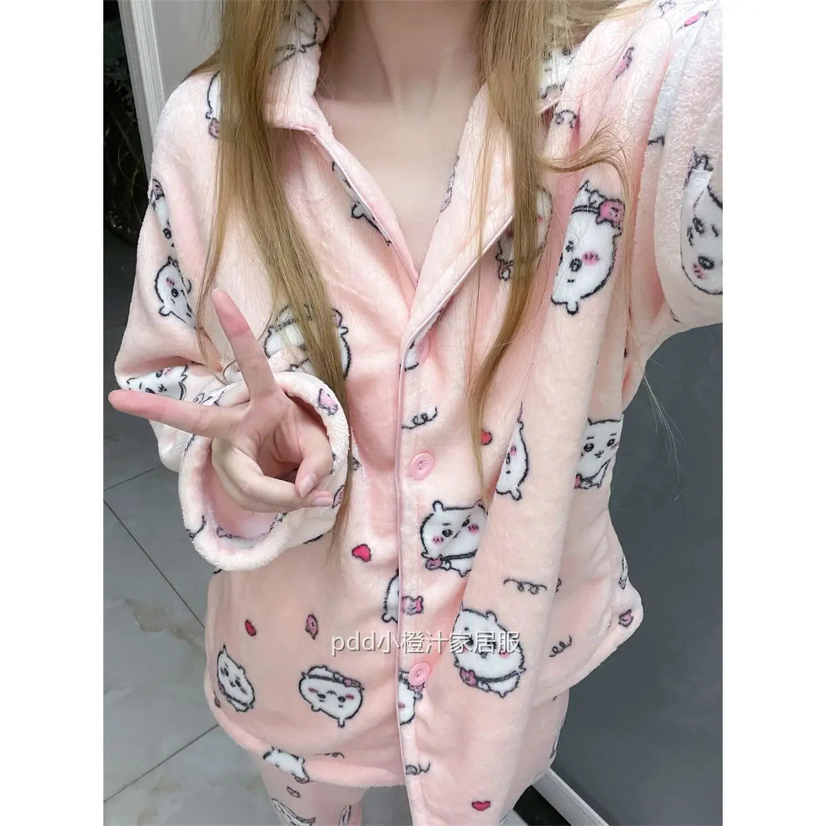 Chikawa Flannel Pjs Thicken Winter Usagi Long Sleeved Pajama Pants Set for Women Plus Velvet Cute Blue Hachiware Home Clothes