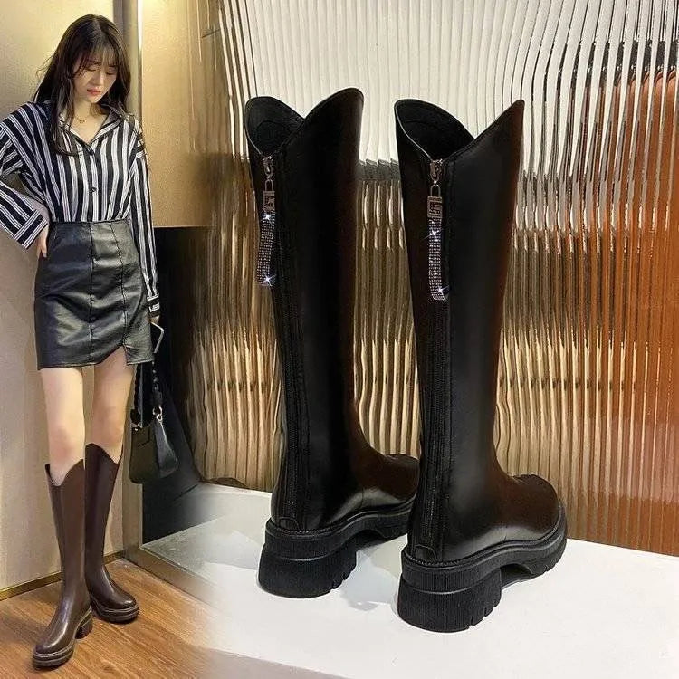 Boots Women's Autumn and Winter New Flat Bottom Black Long BootsVVersatile Slimming Long Boots Height Increasing Elastic High