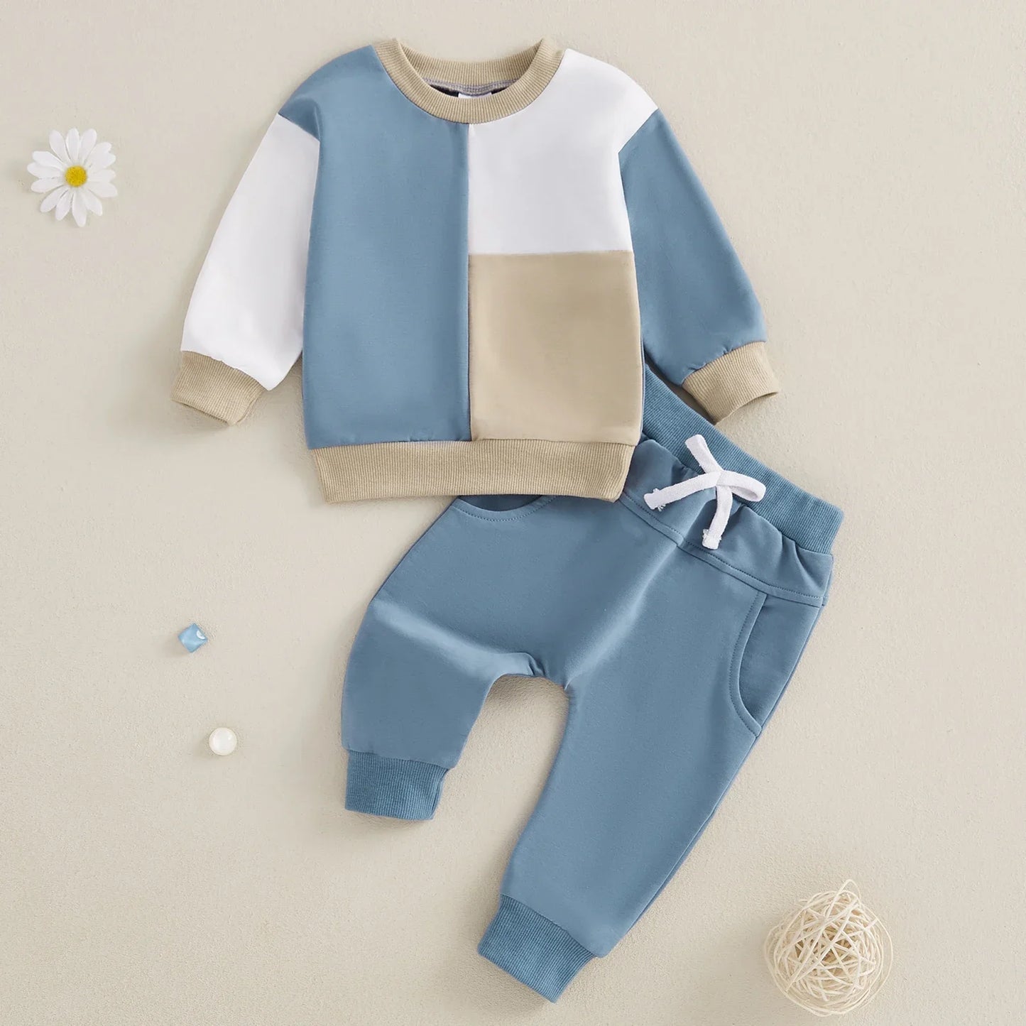 Infant Baby Boy Sweatshirt Pants Set 2pcs Clothing Suit Casual Toddler Long Sleeve Contrast Color Ribbed Cotton Outerwear