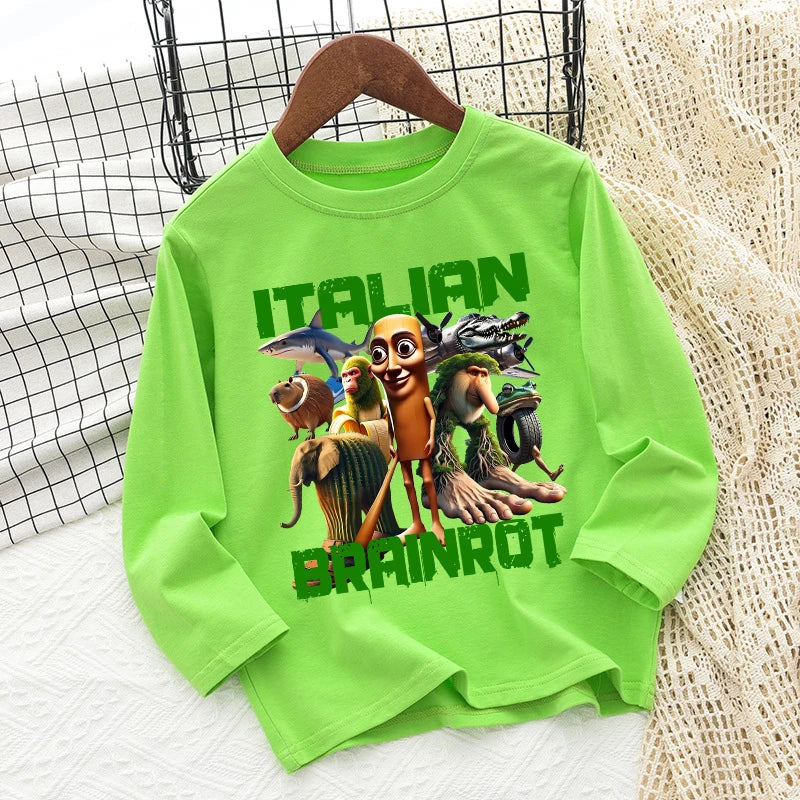 Italian Brainrot Long Sleeve T-shirt for Kids Funny Meme Children Autumn Tops Tung Tung Tung Sahur Tee Boy Girl Clothing Gifts