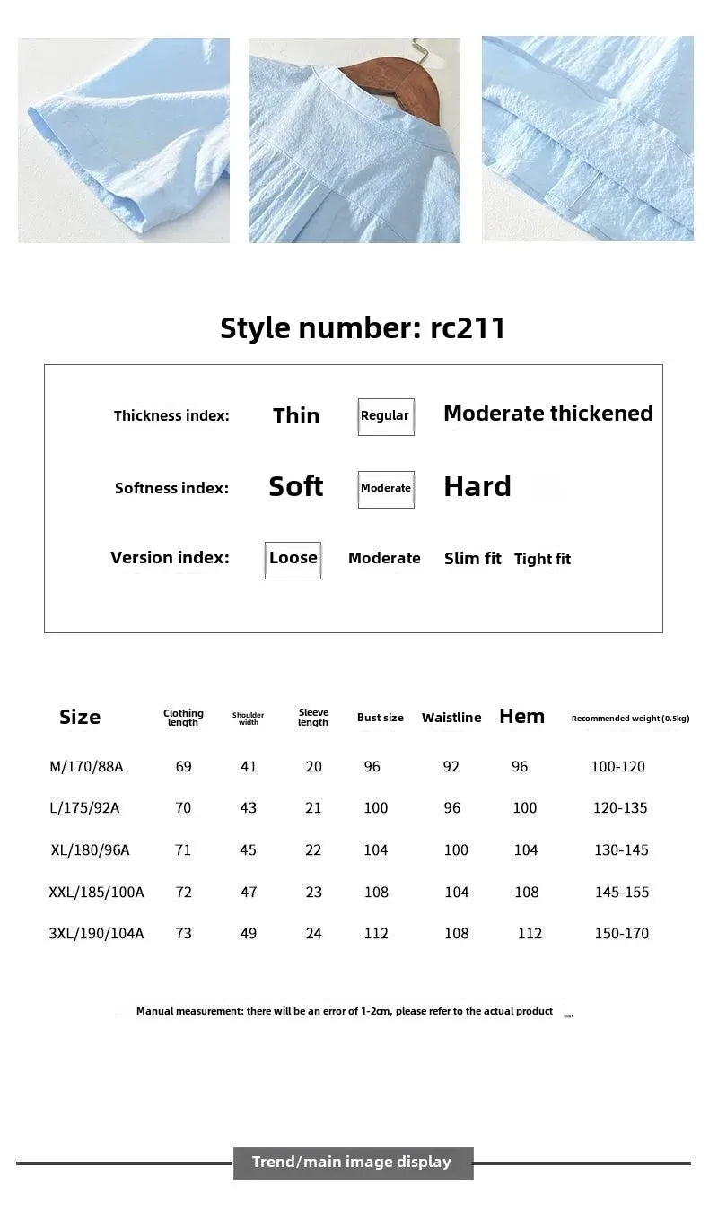 Japanese Style Loose Fit Lightweight Short Sleeve Linen Shirt round Neck Summer Casual Menswear White Cotton Linen Blend