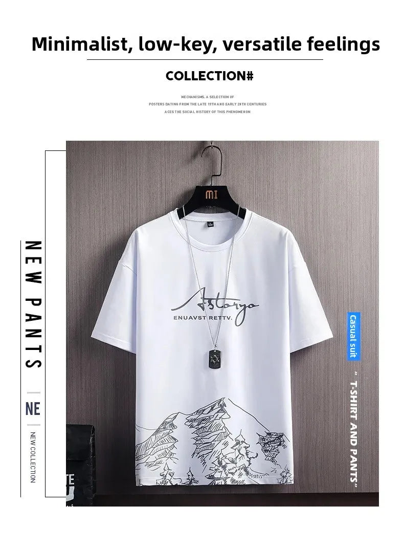 Ice Sensation Printed Summer Short Sleeve T-Shirt Set Men's Loose Basketball Sports Two-Piece Quick Dry Breathable Casual Wear
