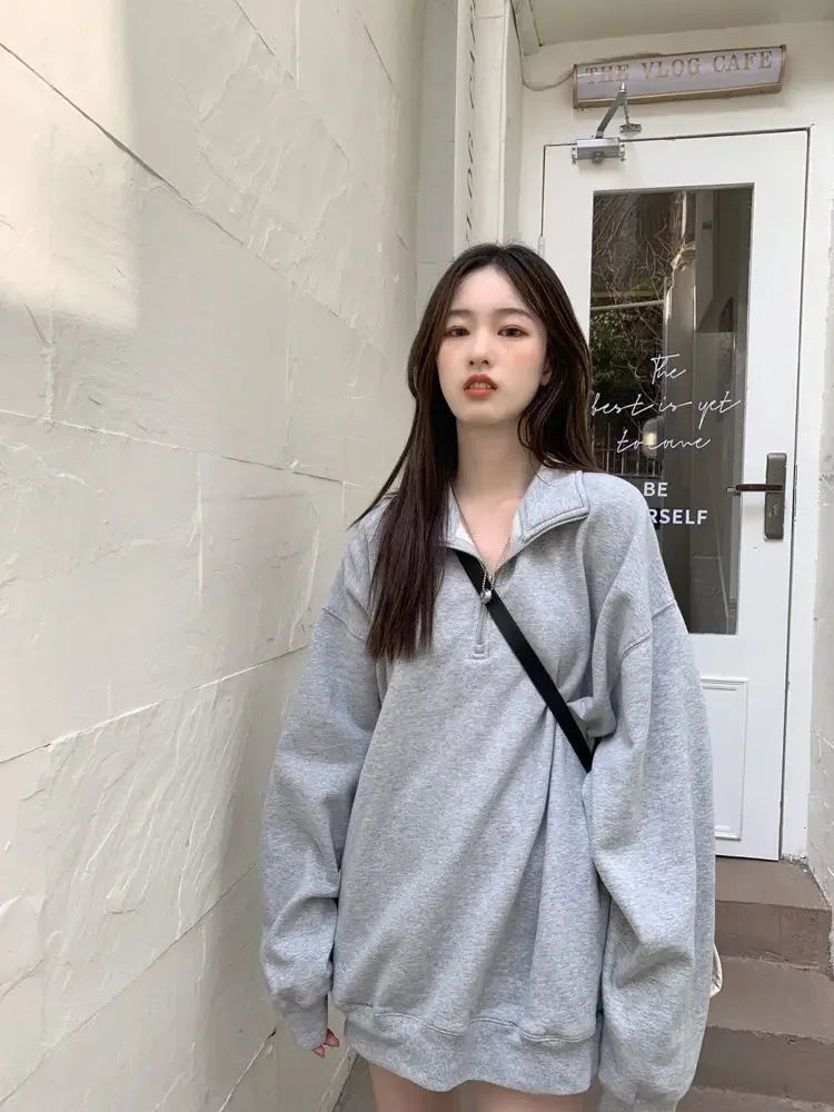 Gray Sweatshirt Women's Loose Polo Collar Lazy Style Autumn Winter New Arrival Missing Bottom Outerwear Long Length Female
