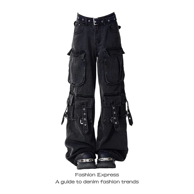Women Y2k American Retro Mutil Pockets Cargo Jeans Vintage Gyaru Female Denim Trousers 2000s Aesthetic Grunge Pants Pantalones