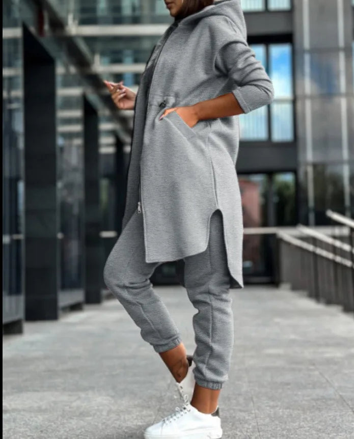 Pant Sets Women Hooded Zipper Long Coats Two Piece Suits Casual Straight Pants Thick Warm Coat Solid Sporty Autumn Winter