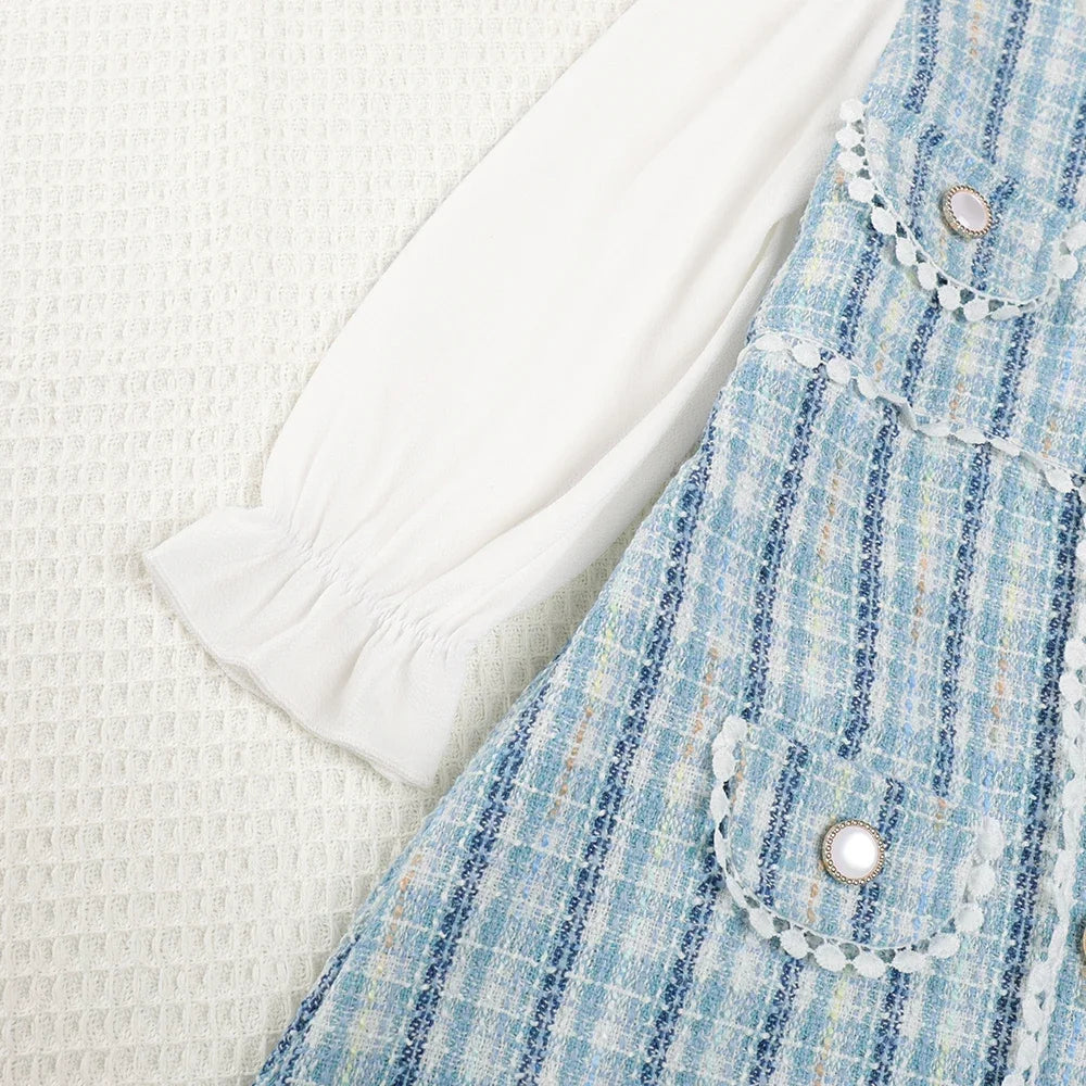 Menoea Girls' Dress 2023 Autumn New Girls' Round Neck Plaid Lace Button Long Sleeve Dress Girls' Fashion Patchwork Dress