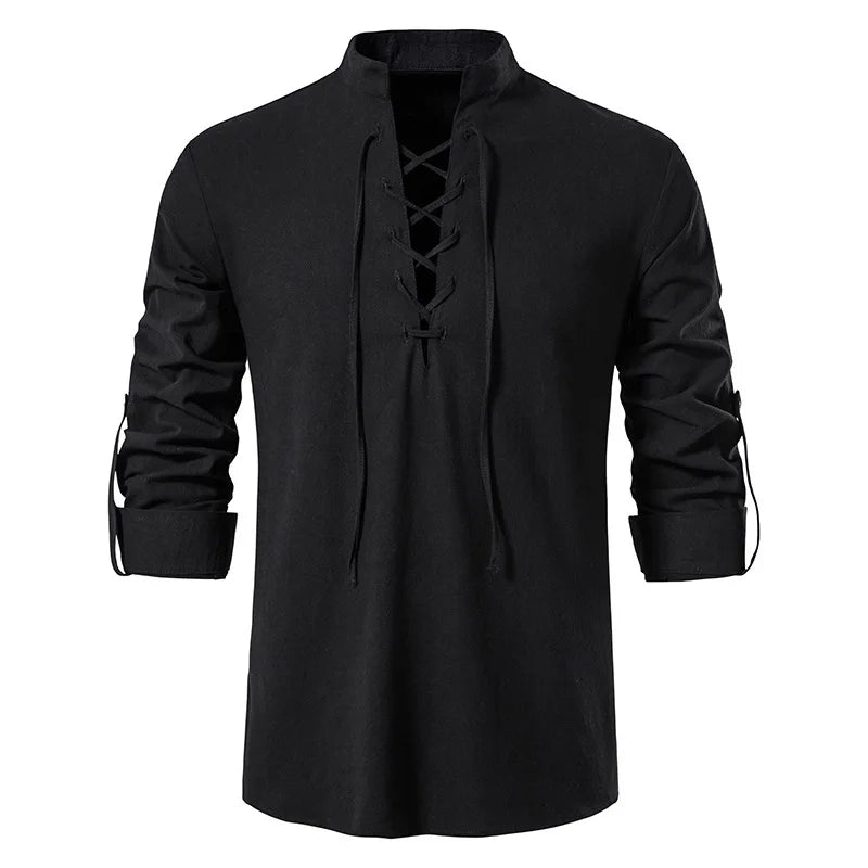 Men Cotton Linen Lace Up Long Sleeve Solid Blouse Shirts Summer Male Solid Loose Pullover Blouse Tops ARJ-A1776