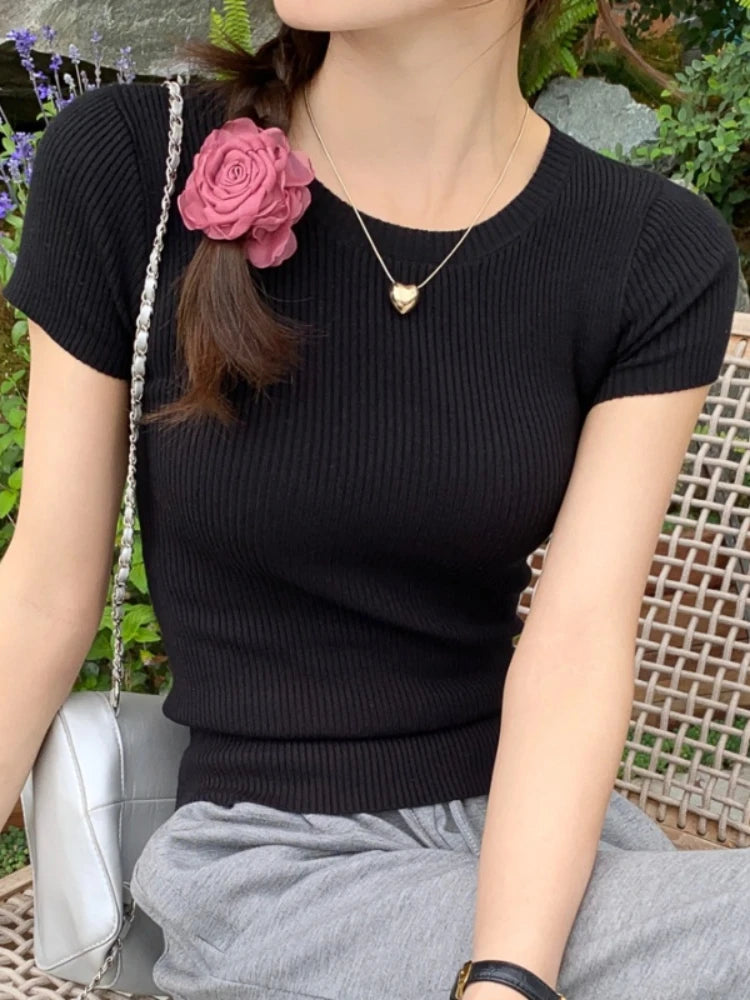 AOSSVIAO 2025 Basic O-neck Solid Thin Summer Pullover Women Female Knitted Ribbed Sweater Slim Short Sleeve Bodycon Sweater