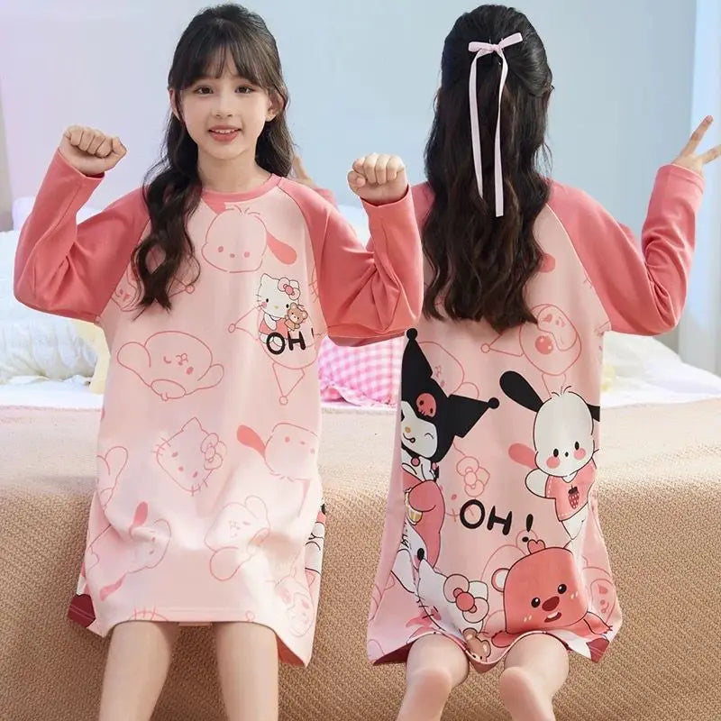 Sanrio My Melody Girls Pajama Kuromi Spring Autumn Long Sleeve Pure Cotton Children's Nightgown Cute Sleepwear Robe Loungewear