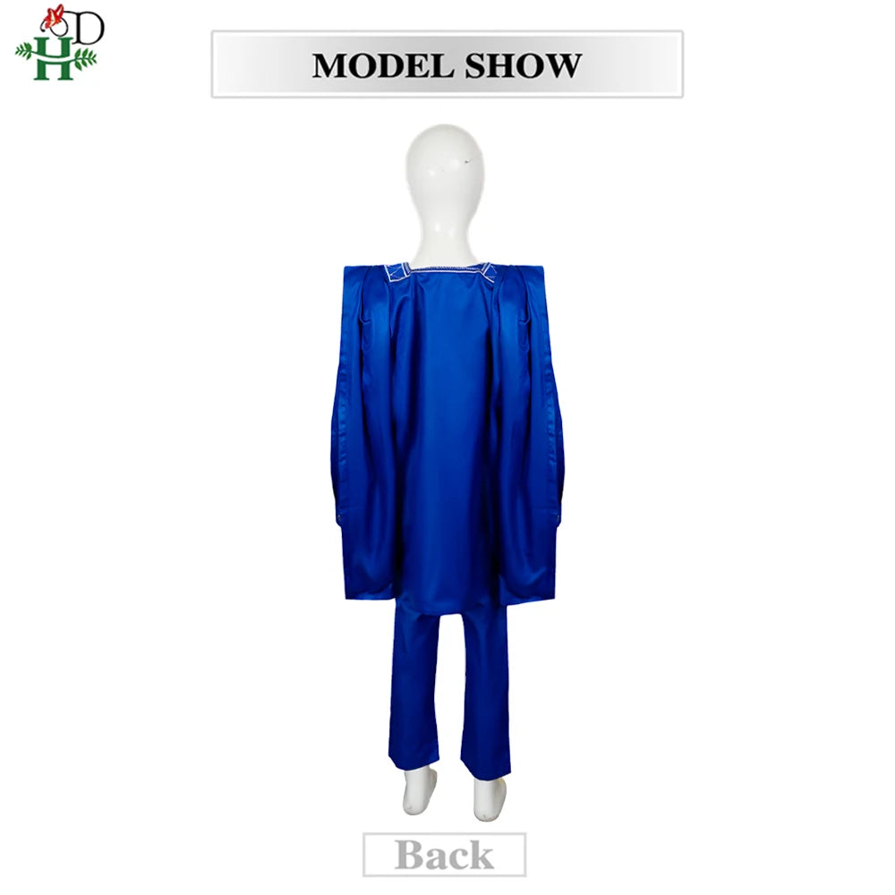 H&D 2025 African Tradition Clothes For Kids Boys White Blue Long Sleeve Tops Embroidery Dashiki Robe Shirt Pant Child Set 3 PCS