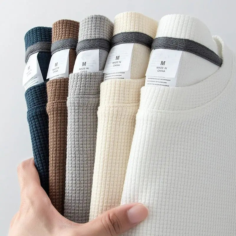 Waffle Short Sleeved T-shirt for Men and Women Summer Japanese Round Neck Half Sleeved Top Loose Casual Solid Color T-shirt