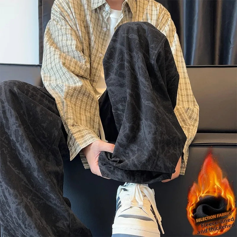 Corduroy Men's Pants Trendy Casual Spor Straight Leg Fce Lined Wide Leg Autumn Winter High Street Cool American Sle