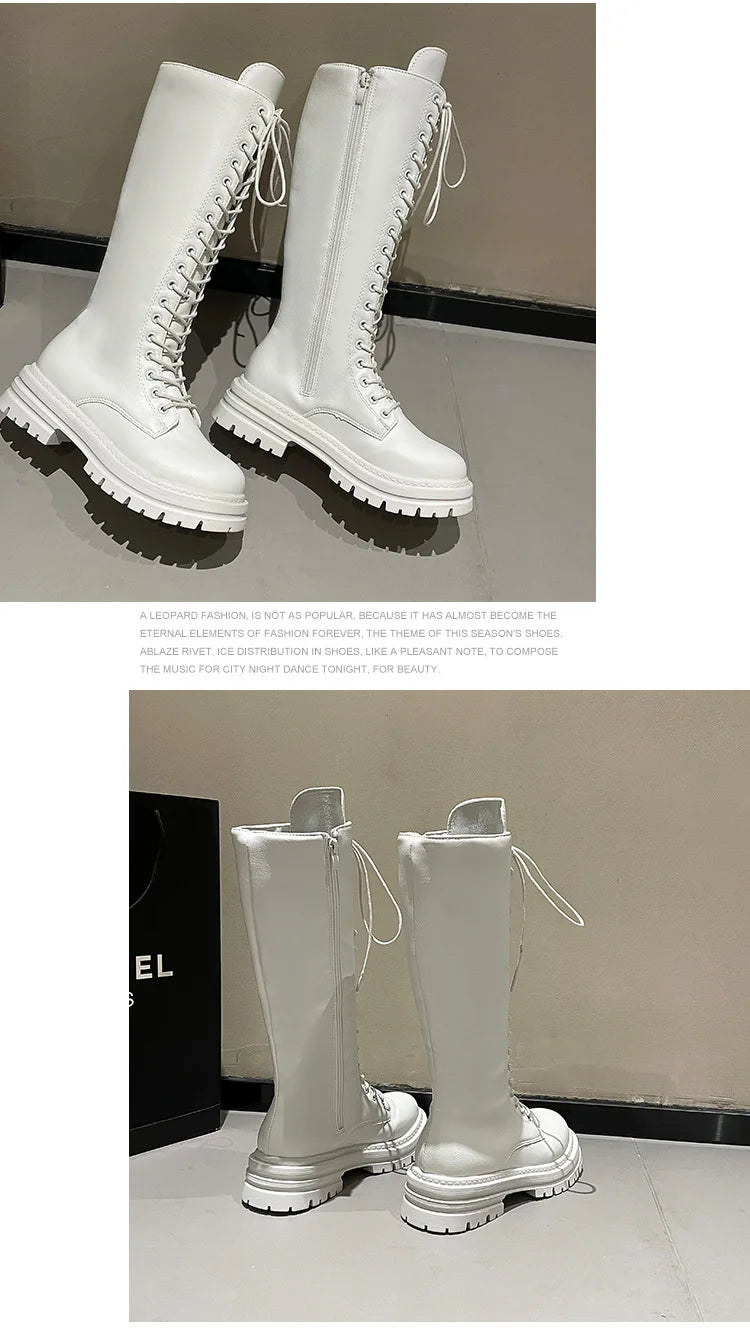 Long boots for women  spring 2025 new white thick soled long boots with thick legs and high waisted straps