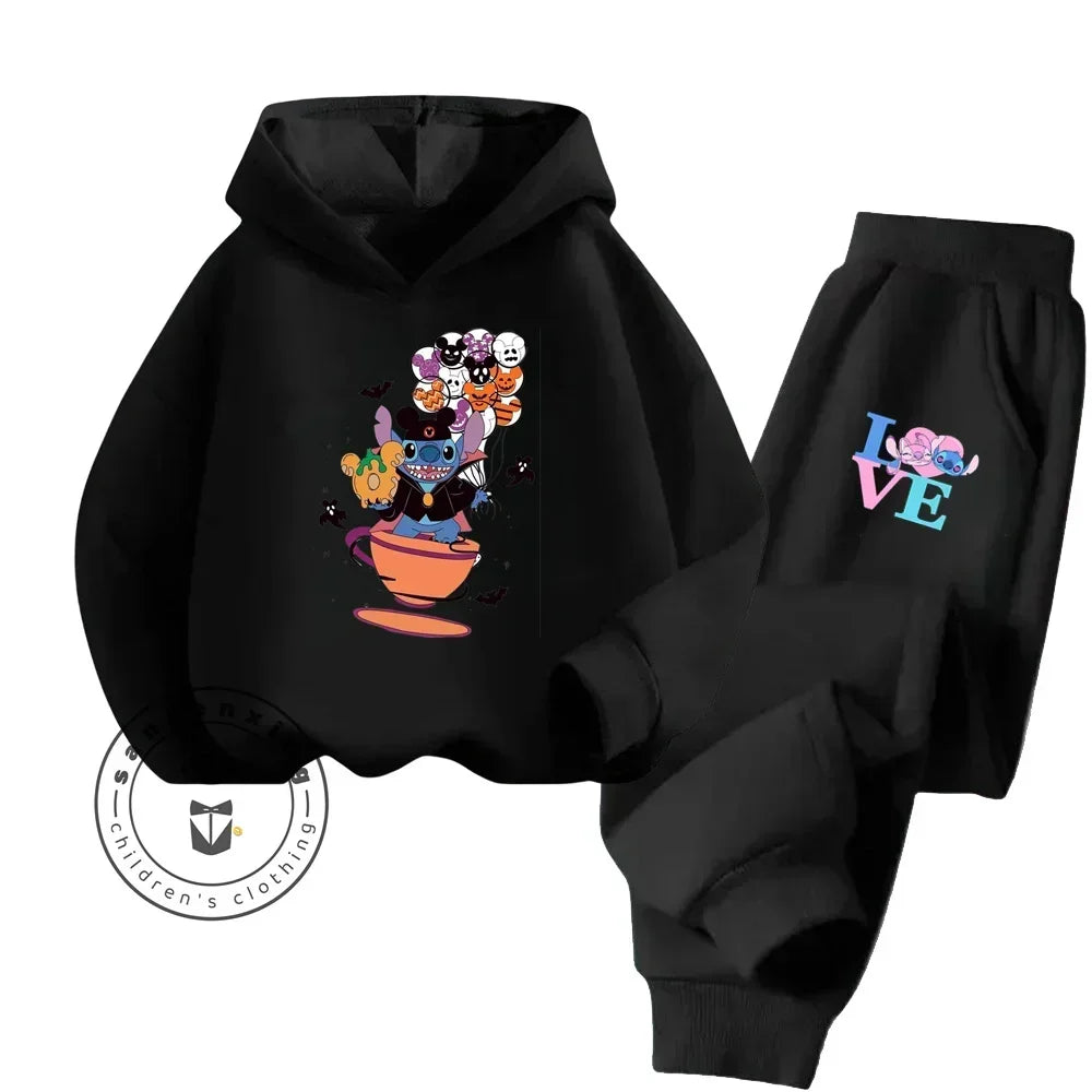 Cartoon Stitch Children Hooded Sweatshirt+Pants Two-piece Set Boy Girl Autumn Winter Daily Outdoor Vacation Warm Soft Sportswear