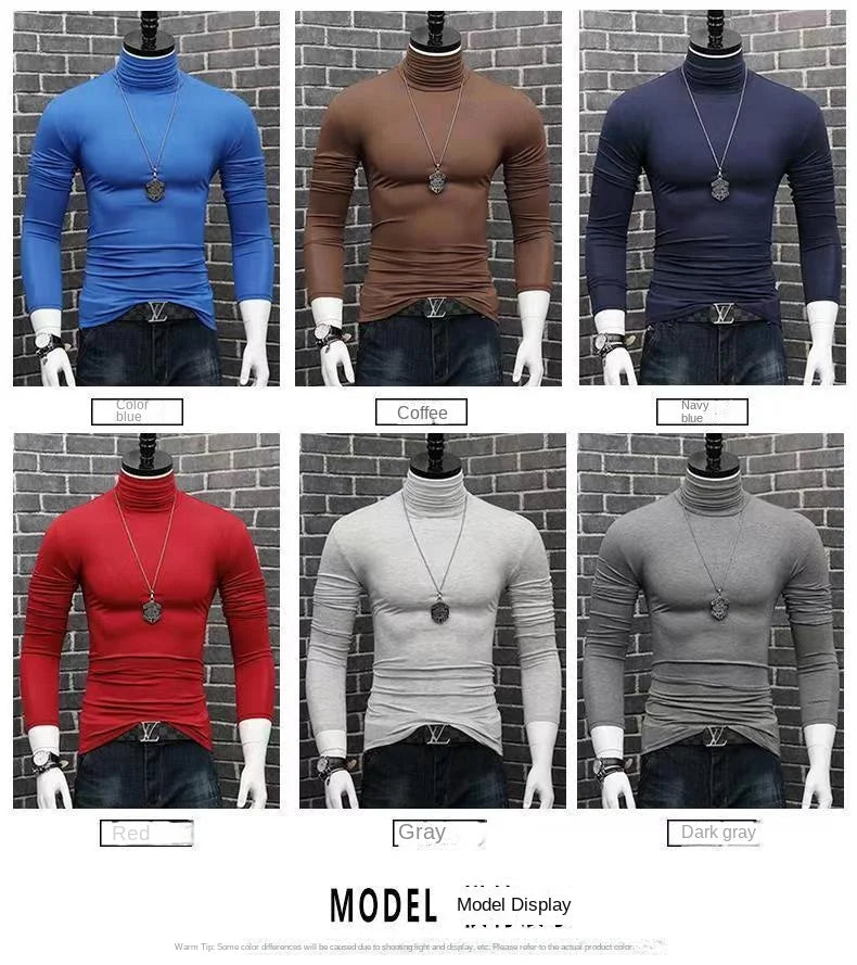 Trendy Casual Turtleneck Men's Modal Winter Sweater turtleneck Cool Blouse Tight Modal T-shirt Youth Solid Color Base Shirt Top