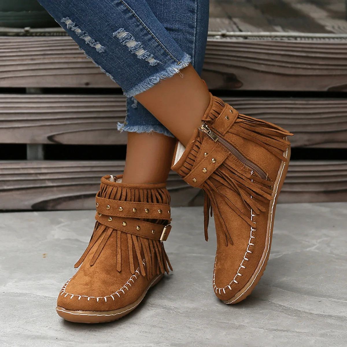 Botines Autumn Women Shoes Flat Heel Ankle Boots Retro Suede Tassel Women Boots Fashion Round Toe Soft Sole Short Boots Casual