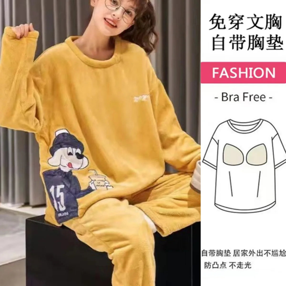 Thickened Long Sleeve Home Clothes Set with Chest Pad Winter Coral Fleece Korean Style Student Cute Large Size Home Clothes Set