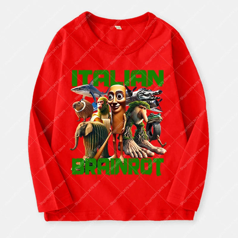 Italian Brainrot Long Sleeve T-shirt for Kids Funny Meme Children Autumn Tops Tung Tung Tung Sahur Tee Boy Girl Clothing Gifts