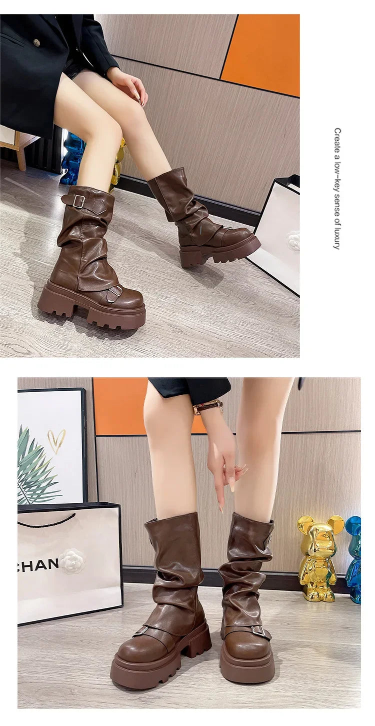 Women's Boots Brown Maillard Retro New Spring Autumn Height Increasing Comfortable Anti Slip Fashion Belt Buckle Boots 2025