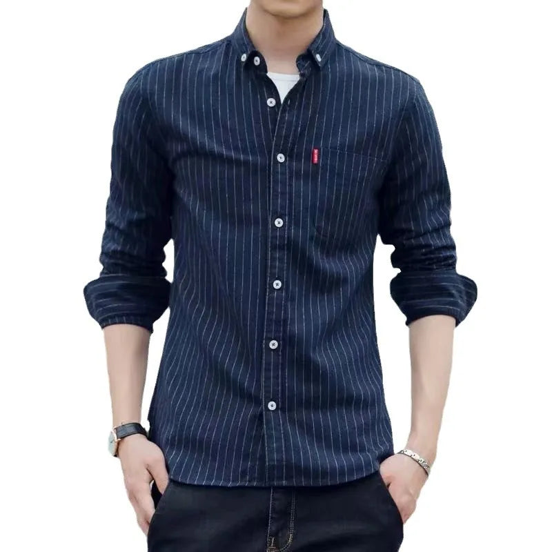 Retro Striped Casual Long Sleeve Men's Shirt Spring Autumn Workwear American Collar Jacket Youth Fashion Polyester Fiber
