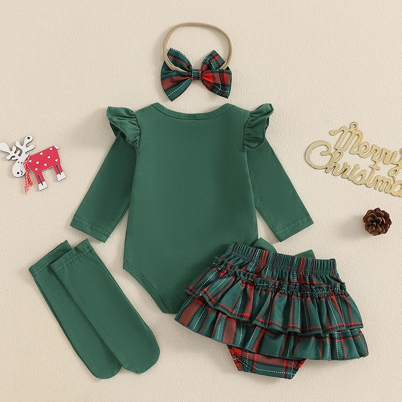 2024-08-20 Lioraitiin Christmas Infant Baby Girl Outfit Letter Ruffle Long Sleeve Romper Plaid Layered Ruffle Shorts Clothes