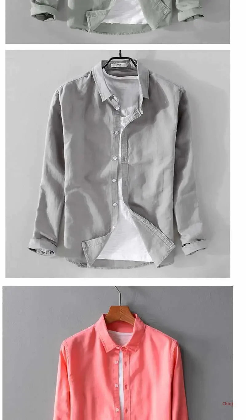 Men's Long Sleeve Casual Linen Shirt Solid Color Loose Fit Breathable Cotton Linen Fabric Square Collar Trendy Youth Style