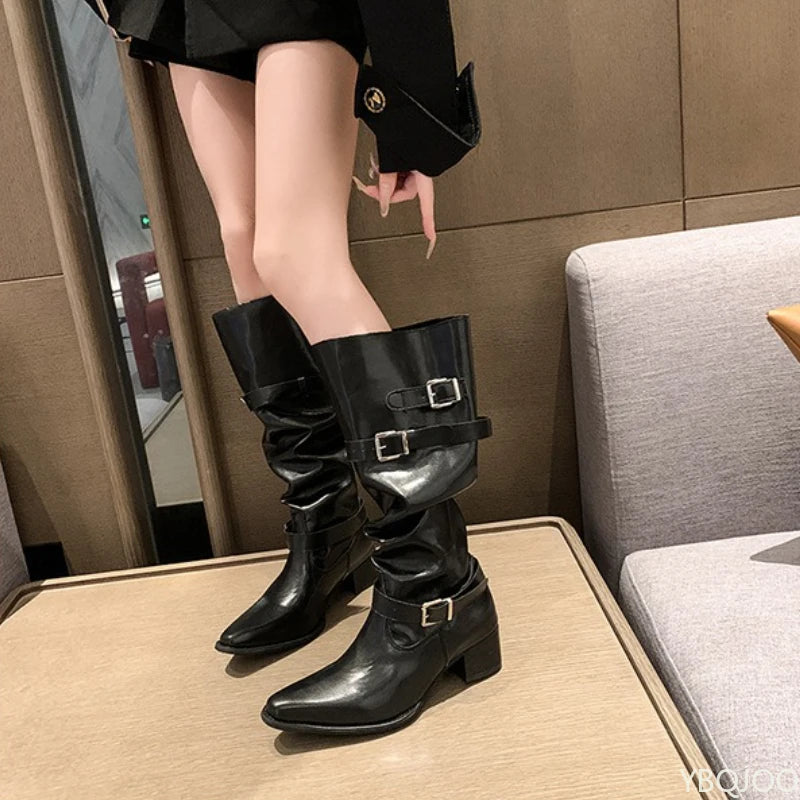 Spring and Autumn Fashion New Pointed Cowboy Coarse Heel Stacked Boots New Style No Knee Large Barrel Giroud Women's Boots