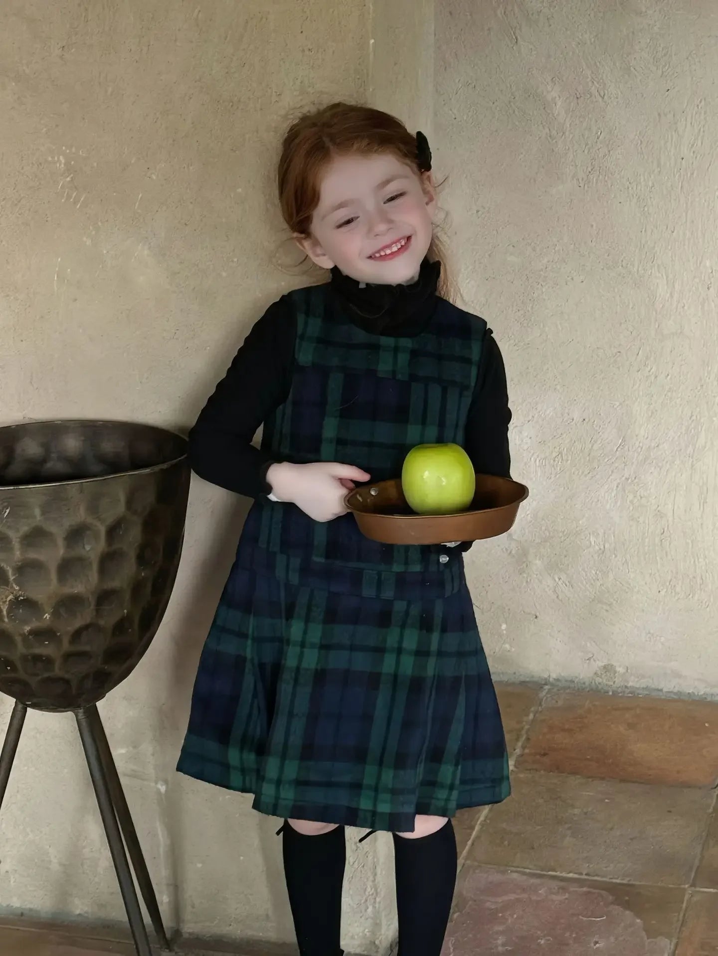 Kids Dresses for Girls Green Grid Hair Vest Pleated Skirt Vest Skirt Autumn Girls Clothes Girls Dress