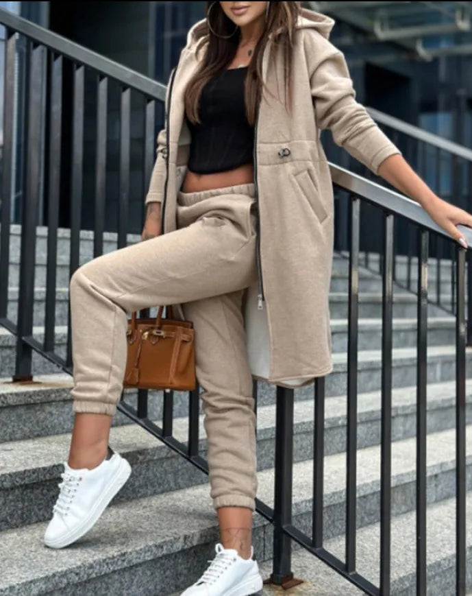 Pant Sets Women Hooded Zipper Long Coats Two Piece Suits Casual Straight Pants Thick Warm Coat Solid Sporty Autumn Winter