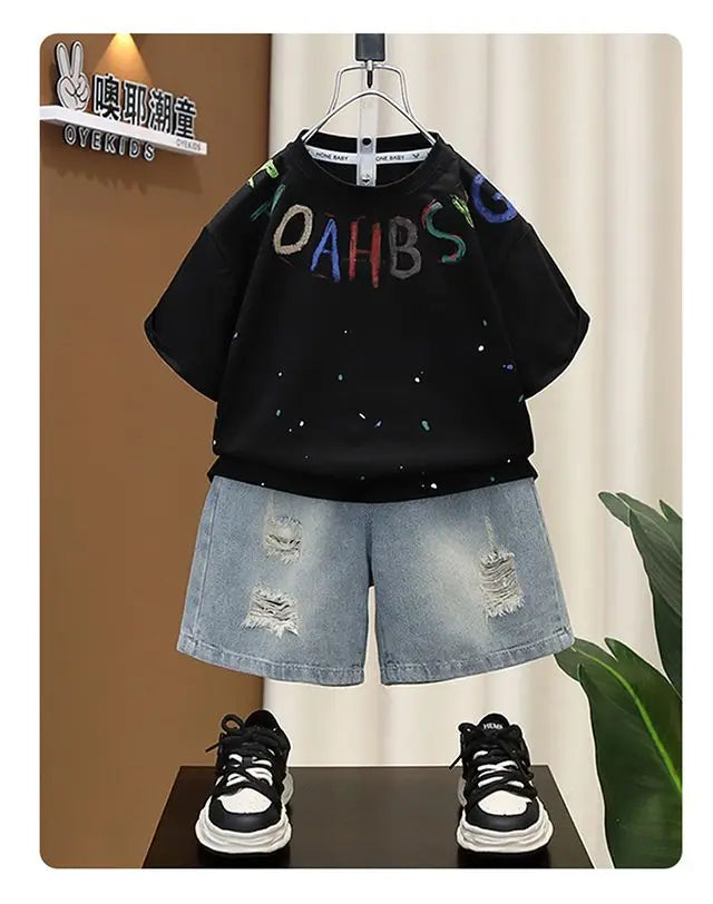 Korean Baby Boys Summer Sets Children's Clothing Short-Sleeved Letter T-Shirt & Denim Shorts Kids Boys Outfits Clothes 2-11Y