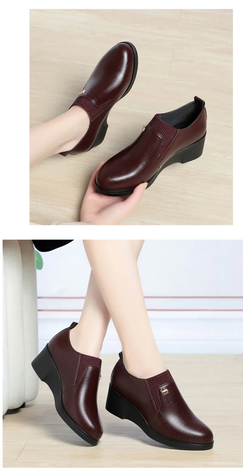 2025 New Women's Shoes Fashion Platform Wedge Shoes Soft Leather Shoes for Women Slip-On Loafers Office Work Shoe Zapatos Mujer