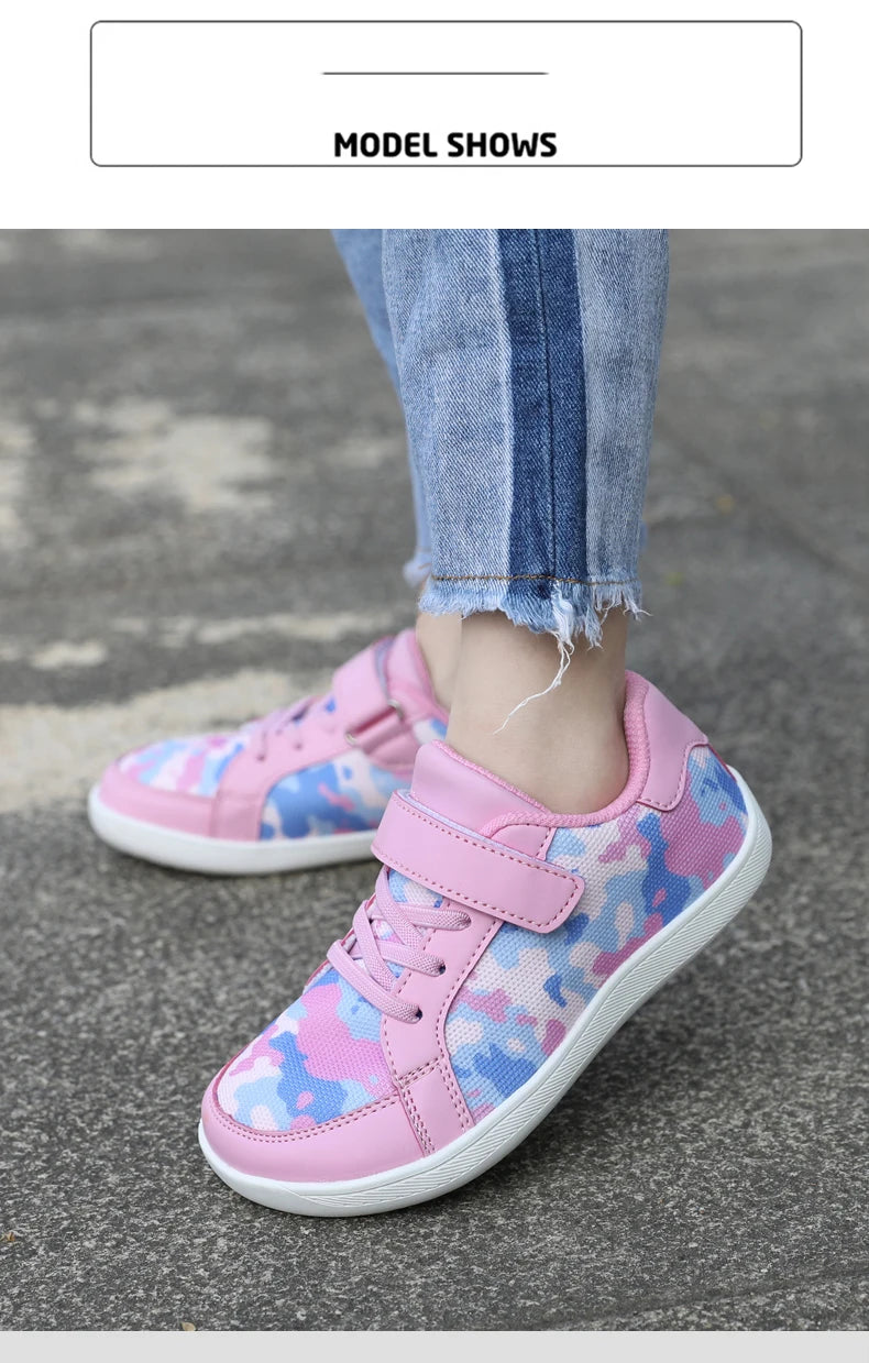 New Kids Wide Toe Barefoot Shoes Little/Big/Kid Hook Loop Minimalist Sneakers Artificial Leather Mesh Lightweight Shoes