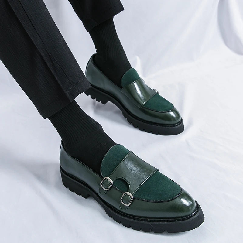 British Men's Shoes Trend Thick Soles High Height Loafers Green Outdoor Commuting Leather Casual Shoes for Men's Lightweight