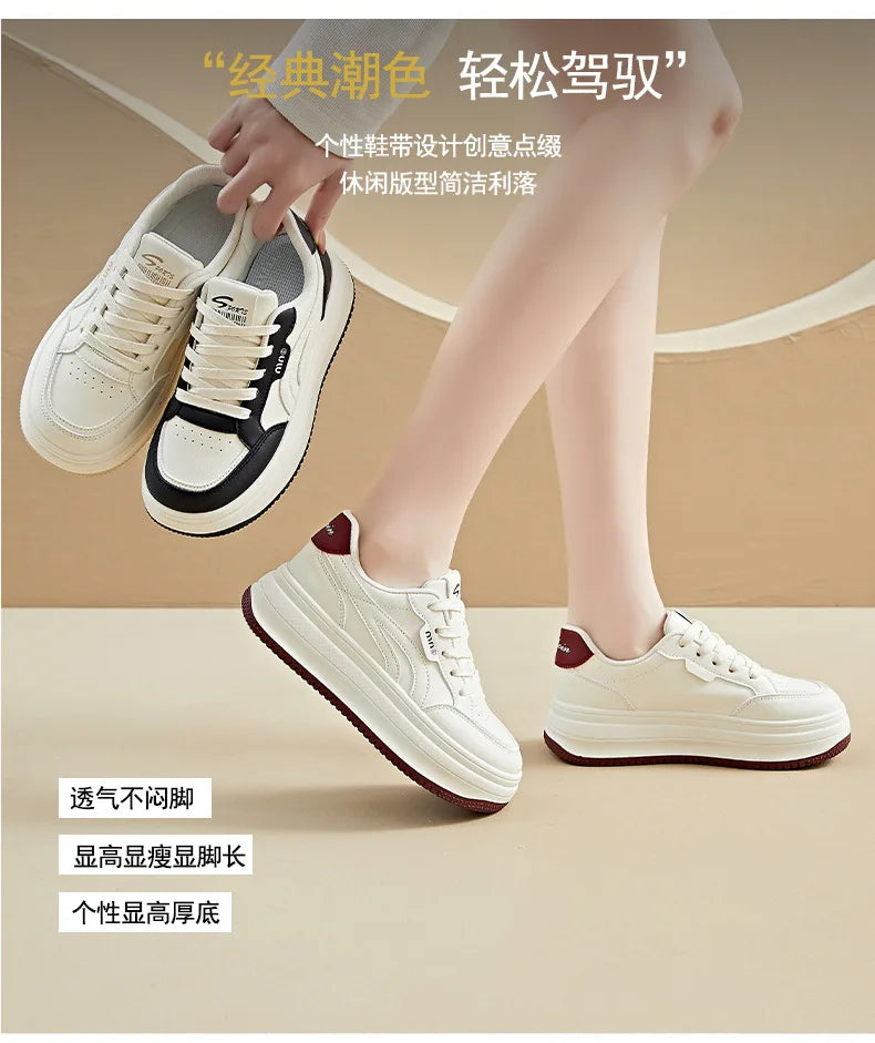Women's White Shoes2025Autumn New Thick-Soled Platform Shoes Leather Surface All-Season Casual Sports Shoes for Women